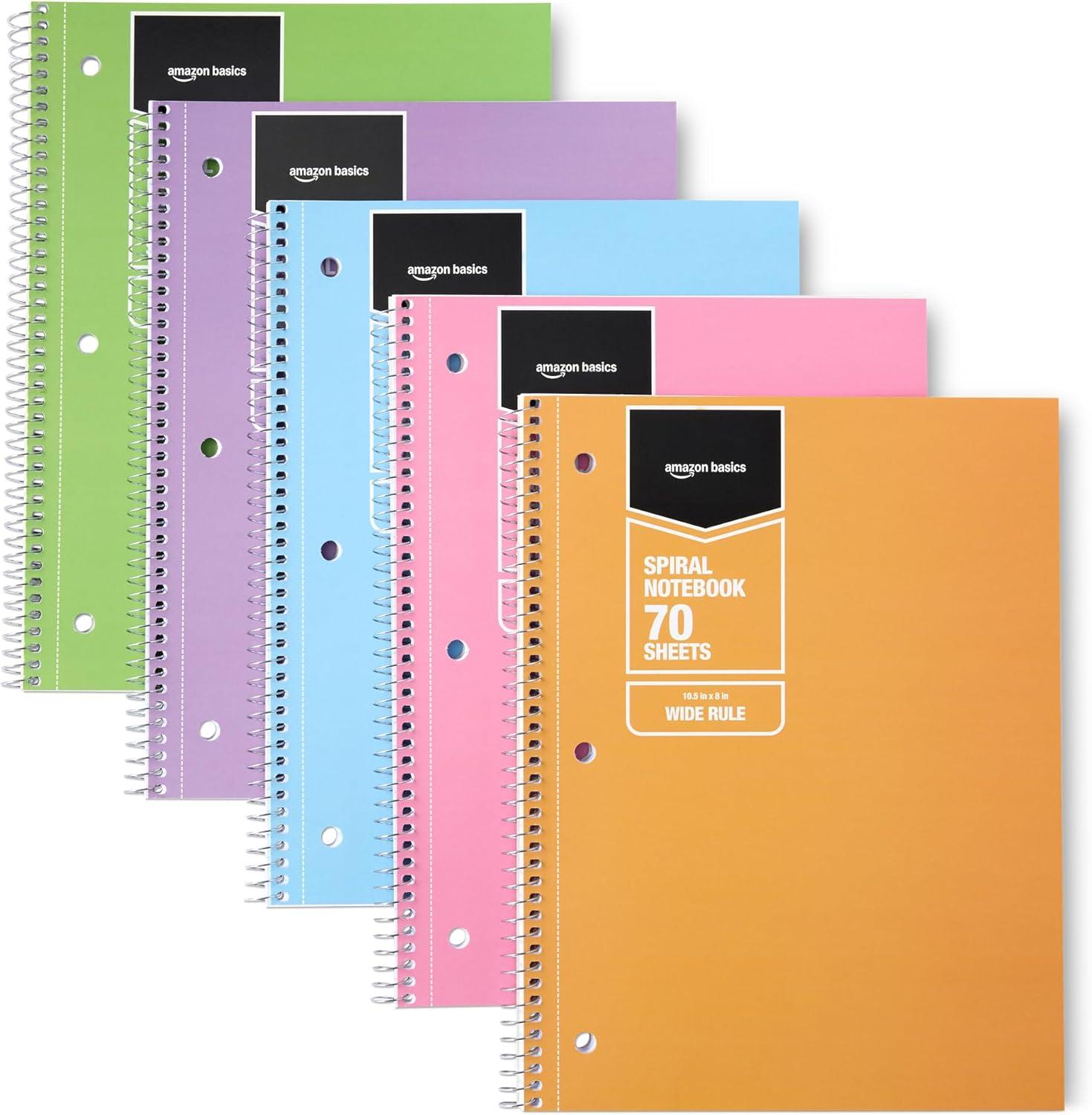imageAmazon Basics Wide Ruled Spiral Notebook 70 Sheets 712quot x 1012quot 3 pack Assorted Primary Solid ColorsAssorted Pastel Solid Colors