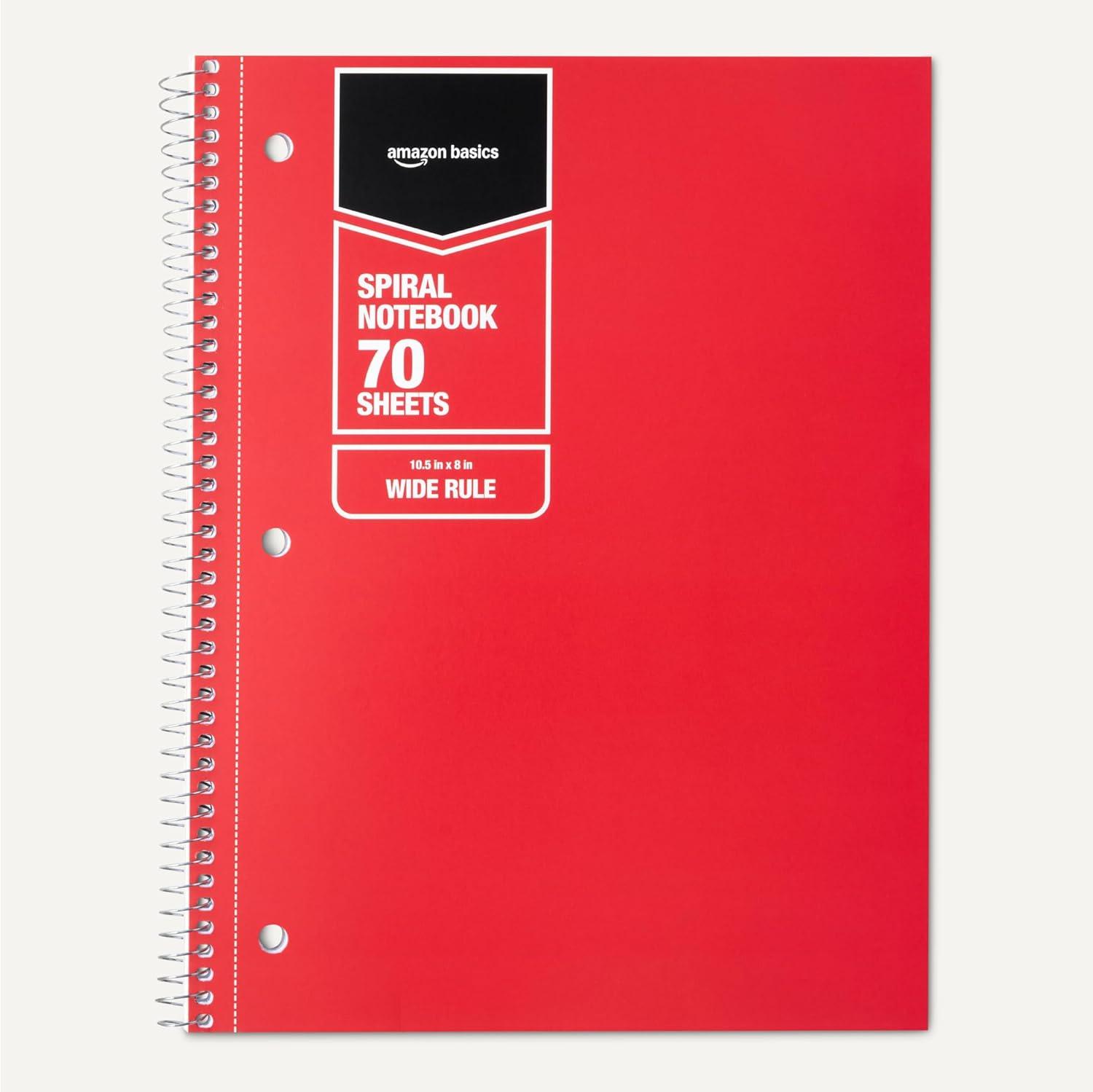 imageAmazon Basics Wide Ruled Spiral Notebook 70 Sheets 712quot x 1012quot 3 pack Assorted Primary Solid ColorsAssorted Primary Solid Colors