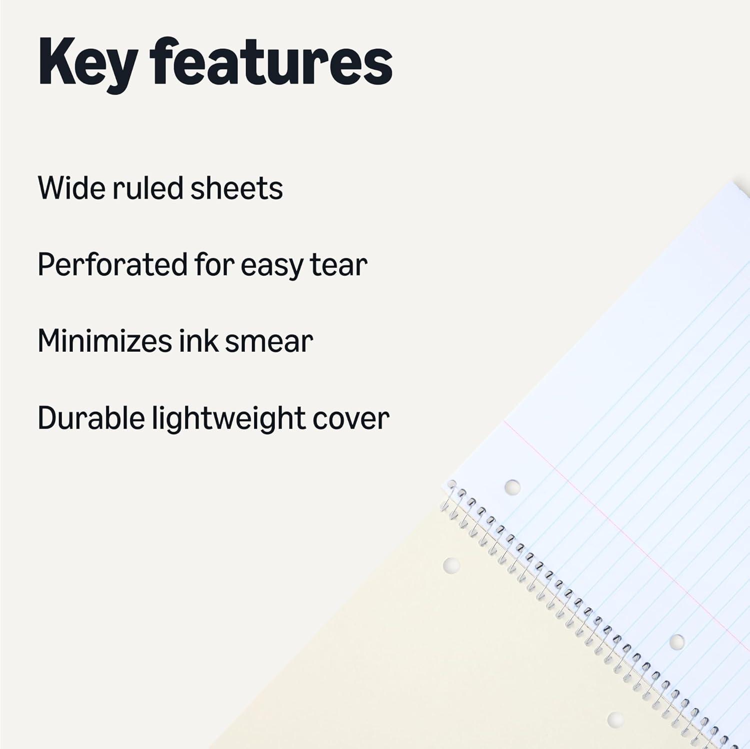 imageAmazon Basics Wide Ruled Spiral Notebook 70 Sheets 712quot x 1012quot 3 pack Assorted Primary Solid ColorsAssorted Solid Colors