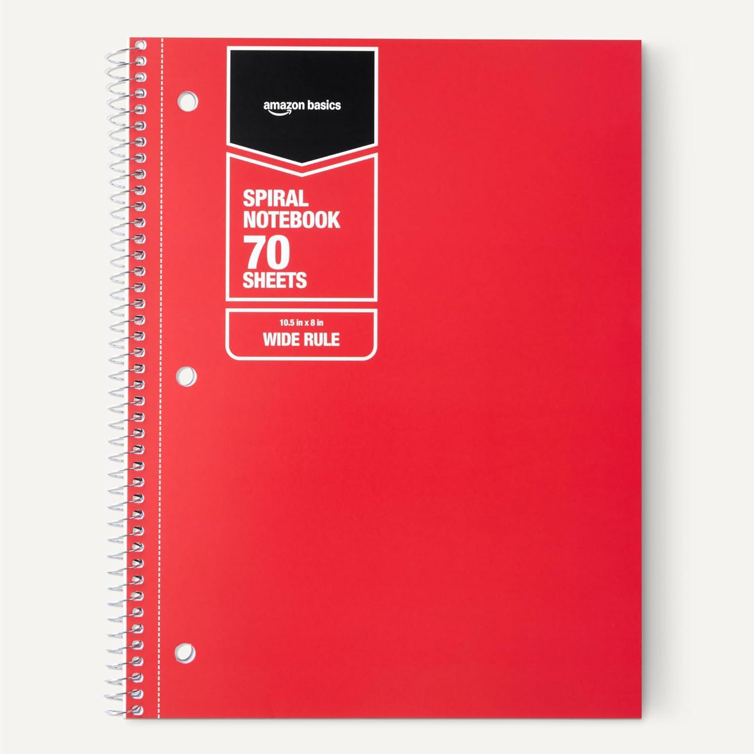 imageAmazon Basics Wide Ruled Spiral Notebook 70 Sheets 712quot x 1012quot 3 pack Assorted Primary Solid ColorsAssorted Solid Colors
