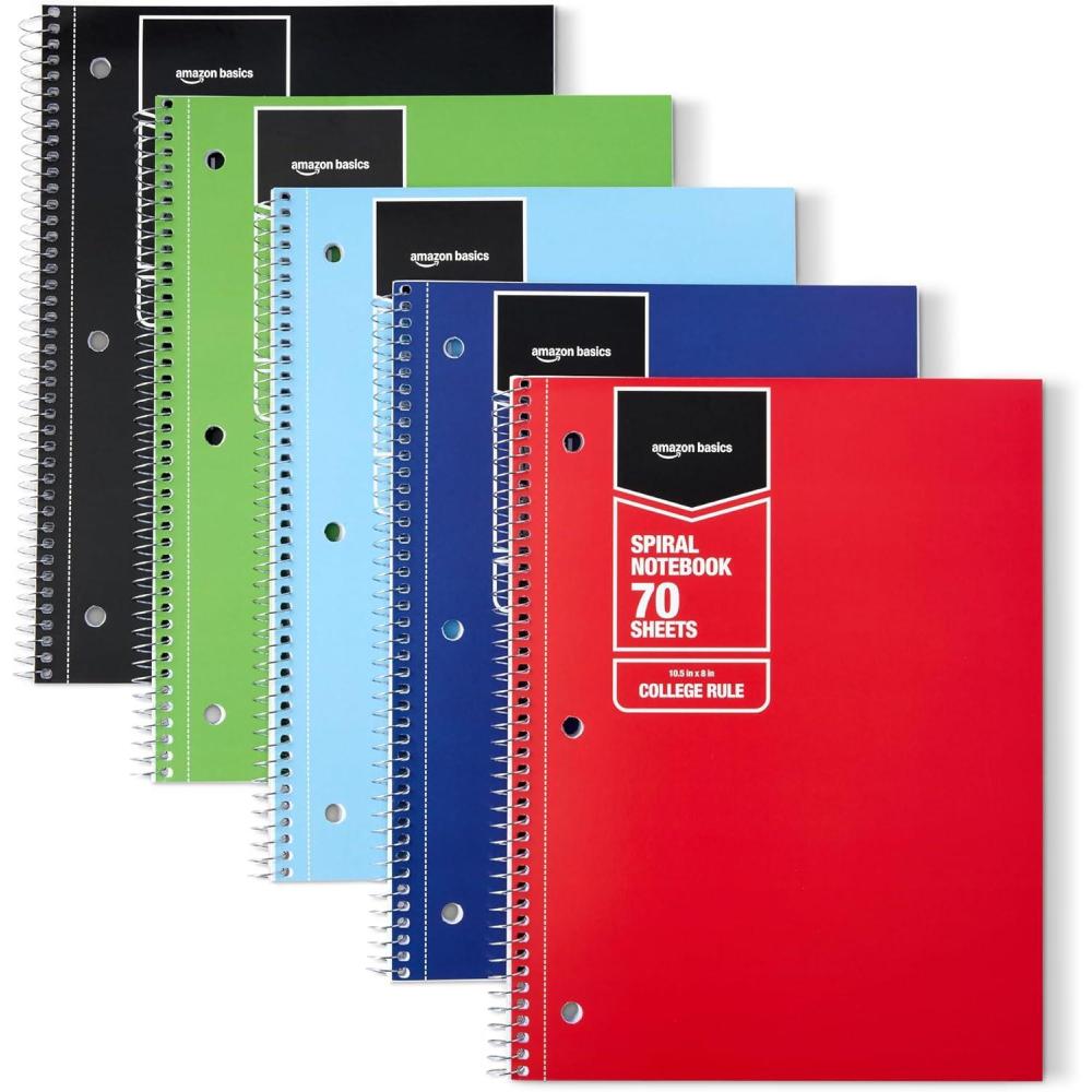 imageAmazon Basics College Ruled Spiral Notebook 70 Sheets 105quot x 8quot 5 pack Assorted Pastel Solid ColorsAssorted Solid Colors