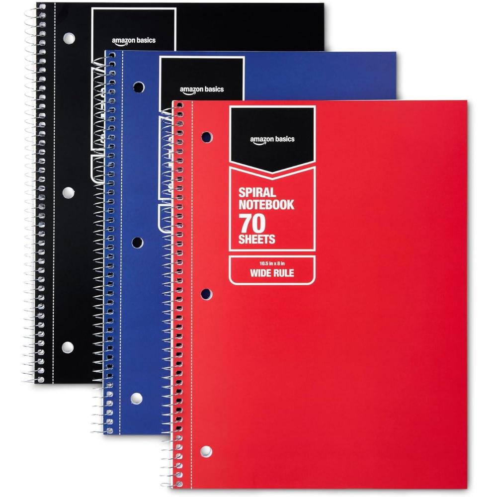 imageAmazon Basics Wide Ruled Spiral Notebook 70 Sheets 712quot x 1012quot 3 pack Assorted Primary Solid ColorsAssorted Primary Solid Colors