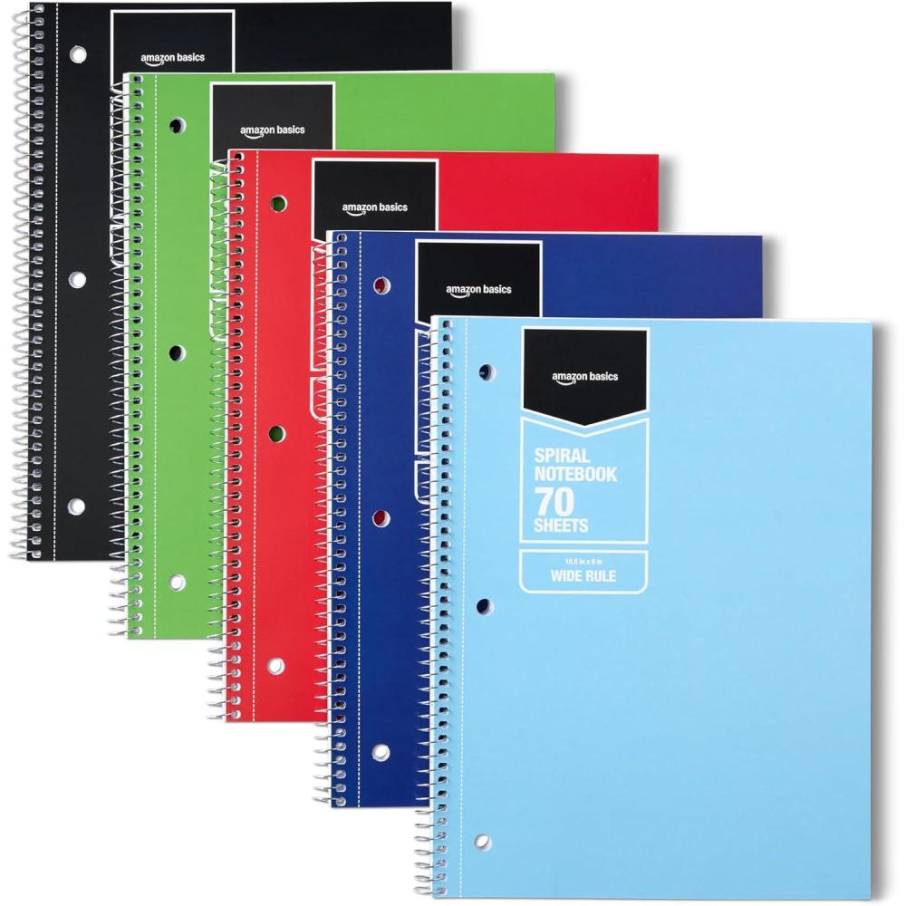 imageAmazon Basics Wide Ruled Spiral Notebook 70 Sheets 712quot x 1012quot 3 pack Assorted Primary Solid ColorsAssorted Solid Colors