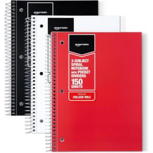 imageAmazon Basics College Ruled Spiral Notebook 3Subject with Pocket Divider 150 Sheets 712quot x 1012quot 3 pack Assorted Primary Solid ColorsAssorted Primary Solid Colors