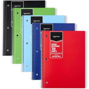 imageAmazon Basics College Ruled Spiral Notebook 70 Sheets 105quot x 8quot 5 pack Assorted Pastel Solid ColorsAssorted Solid Colors