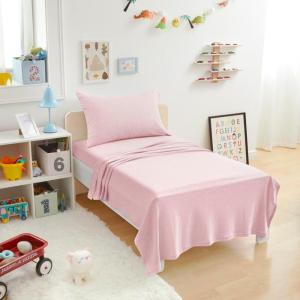 imageAmazon Basics 3 Piece Bed Sheet Set 100 Cotton Jersey Includes Super Soft Flat and Fitted Sheets Pillowcase Toddler Pink SolidPink