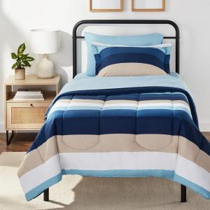 imageAmazon Basics Lightweight Microfiber Comforter Sets 7 Pieces Navy Geometrics FullQueenBlue Stripe