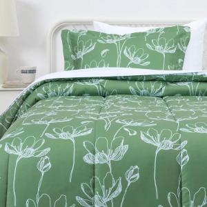 imageAmazon Basics Lightweight Microfiber Comforter Sets 7 Pieces Navy Geometrics FullQueenFloral Motifs in Green Background