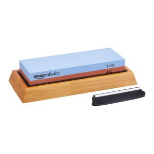 imageAmazon Basics Whetstone Knife Sharpening Wet Stone Dual Sided 4001000 and 30008000 Grit Stones Flattening Stone and NonSlip Bamboo Base 3 Count Pack of 1 Black ampamp GreyGrit 4001000