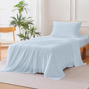 imageAmazon Basics Jersey Microfiber 4Piece Sheet Set Wrinkle Free and Easy Fit 1 Flat Sheet 1 Fitted Sheet and 2 Pillowcases Queen WhiteBlue