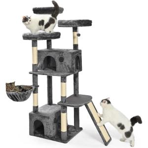 imageAmazon Basics 68Inch Large Cat Tree Tower MultiLevel Activity Center with 2 Large Condos Multiple Sisal Scratching Posts and Hanging Pompoms Gray68 in