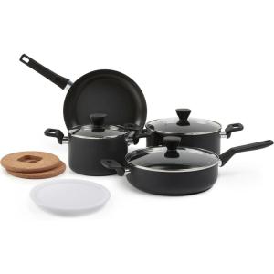 imageAmazon Basics 10 Piece Hard Anodized Nonstick Stackable Cookware Pots and Pans Set Space Saving made without PFOA Black