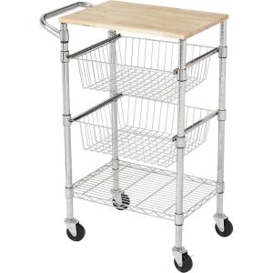 imageAmazon Basics 3Tier Metal Basket Rolling Cart with Wood Top Silver