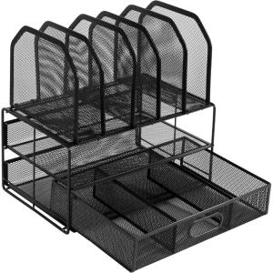 imageAmazon Basics Mesh Desk Organizer with Sliding Drawer Double Tray and 5 Upright Sections Black