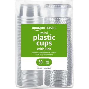 imageAmazon Basics Disposable Plastic ToGo Cups and Lids Mini 2oz 50 Count2 Ounces
