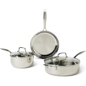 imageAmazon Basics Stainless Steel Cookware Set 5Piece Set All Cooktop Friendly DishwasherSafe