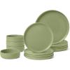 imageAmazon Basics Glazed Stoneware Dinnerware 12Piece Set 4 Full Place Settings DishwasherSafe Linen GrayOlive