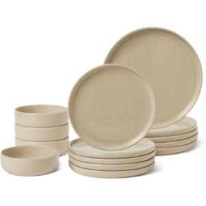 imageAmazon Basics Glazed Stoneware Dinnerware 12Piece Set 4 Full Place Settings DishwasherSafe Linen GrayLinen Gray