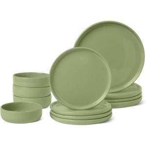 imageAmazon Basics Glazed Stoneware Dinnerware 12Piece Set 4 Full Place Settings DishwasherSafe Linen GrayOlive