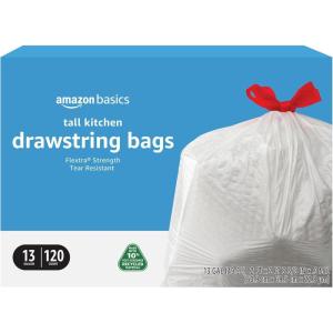 imageAmazon Basics 13 Gallon Flextra Strength Tall Kitchen Drawstring Trash Bags Tear Resistant 10 Post Consumer Recycled 50 Count120 Count