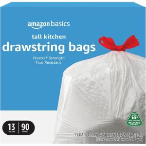 imageAmazon Basics 13 Gallon Flextra Strength Tall Kitchen Drawstring Trash Bags Tear Resistant 10 Post Consumer Recycled 50 Count90 Count