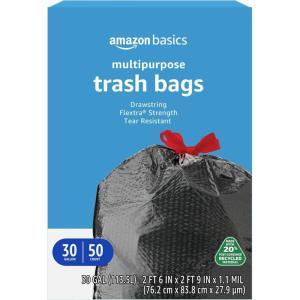 imageAmazon Basics 30 Gallon Flextra Strength Multipurpose Drawstring Trash Bags 20 Post Consumer Recycled 50 count1 Count Pack of 50