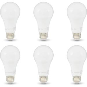 imageAmazon Basics A19 LED Light Bulbs 100 Watt Equivalent Soft White 2700K Energy Efficient 15 W NonDimmable 10000 Hour Lifetime 6 count Pack of 1
