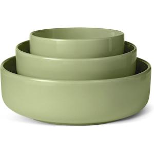 imageAmazon Basics Glazed Stoneware Serving Bowls 3Piece Set DishwasherSafe OliveOlive