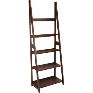 imageAmazon Basics Ladder Bookshelf Organizer 5Tier Solid Rubberwood Frame Walnut Finish 14quot D x 248quot W x 701quot HWalnut