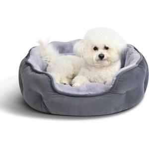 imageAmazon Basics Round Dog Bed for Medium Dogs Cat Beds for Indoor Cats Washable Pet Bed with Soft Plush Cushion AntiSlip Bottom 30x24x8 Inches GrayS20196