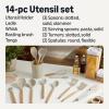 imageAmazon Basics Silicone Cooking Utensils Set with Wooden Handle 14Piece Set BPAFree Utensil Holder Included Linen Gray