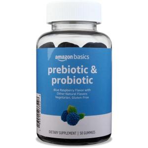 imageAmazon Basics Prebiotic ampamp Probiotic Gummies 2 Billion CFU Blue Raspberry 50 Count 2 per Serving50 Count Pack of 1