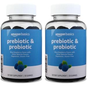 imageAmazon Basics Prebiotic ampamp Probiotic Gummies 2 Billion CFU Blue Raspberry 50 Count 2 per Serving50 Count Pack of 2