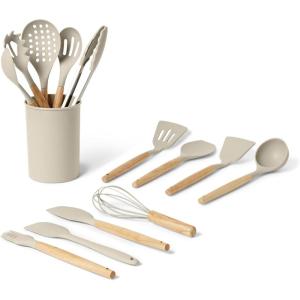 imageAmazon Basics Silicone Cooking Utensils Set with Wooden Handle 14Piece Set BPAFree Utensil Holder Included Linen Gray