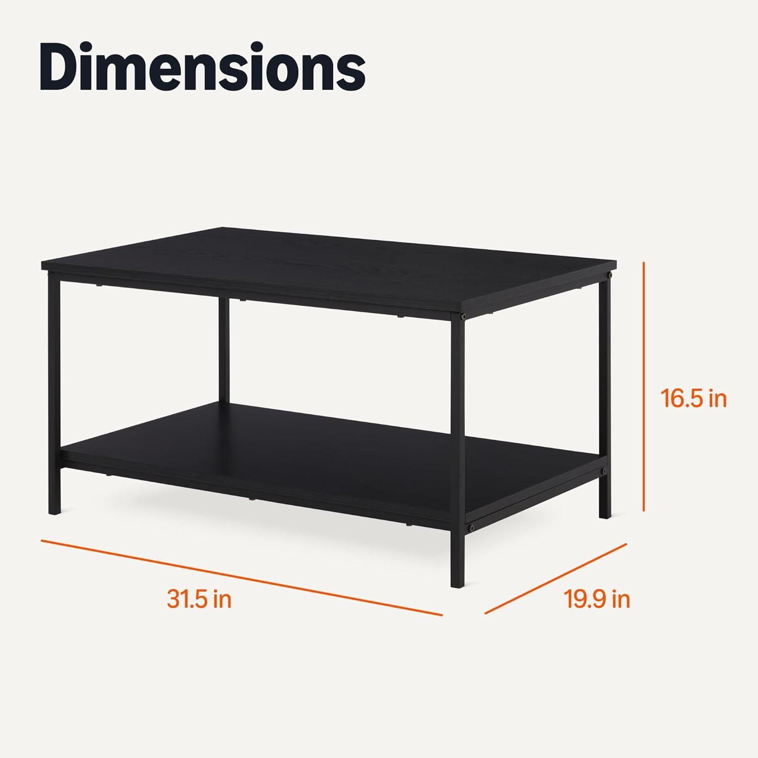 imageAmazon Basics Rectangular Coffee Table with Bottom Shelf Living Room Center Table Wooden 199quot D x 315quot W x 165quot HBlack