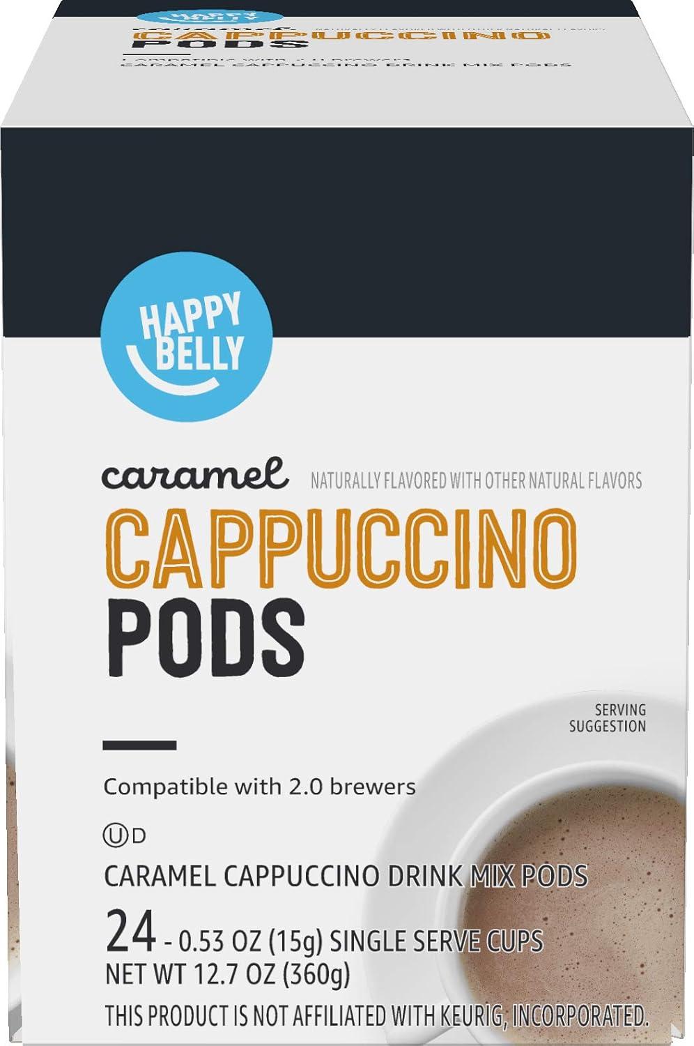 imageAmazon Brand  Happy Belly Cappuccino Coffee Pods Light Roast Compatible with 20 KCup Brewers French Vanilla Flavored 24 Count 15 pound Pack of 1Caramel