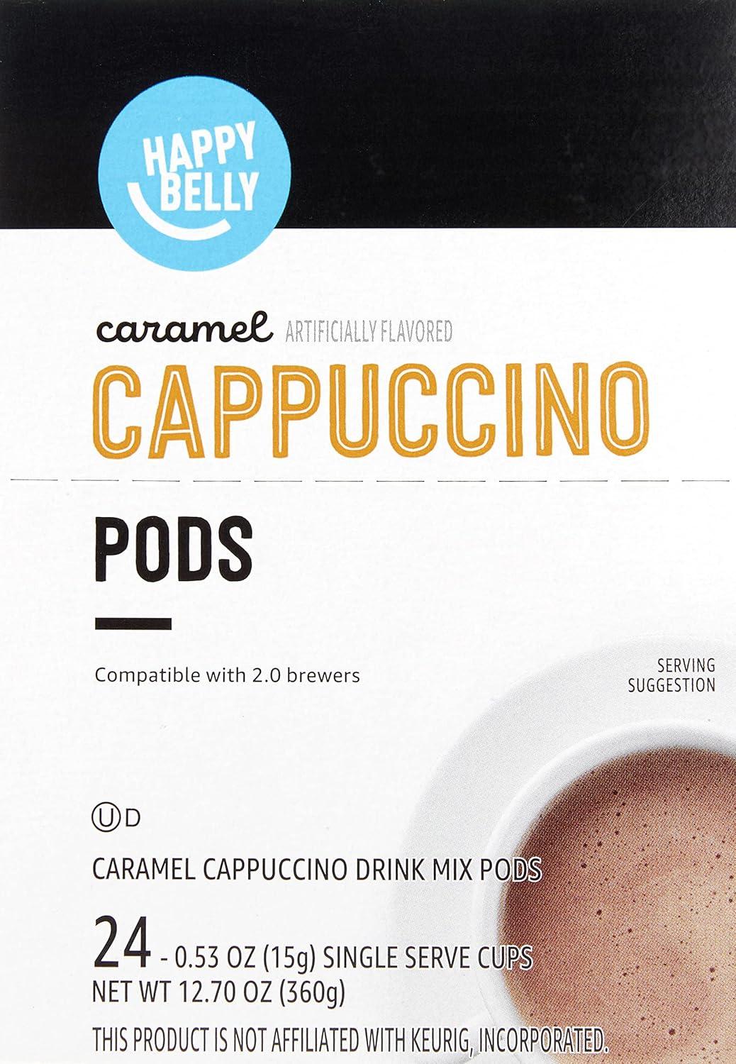 imageAmazon Brand  Happy Belly Cappuccino Coffee Pods Light Roast Compatible with 20 KCup Brewers French Vanilla Flavored 24 Count 15 pound Pack of 1Caramel