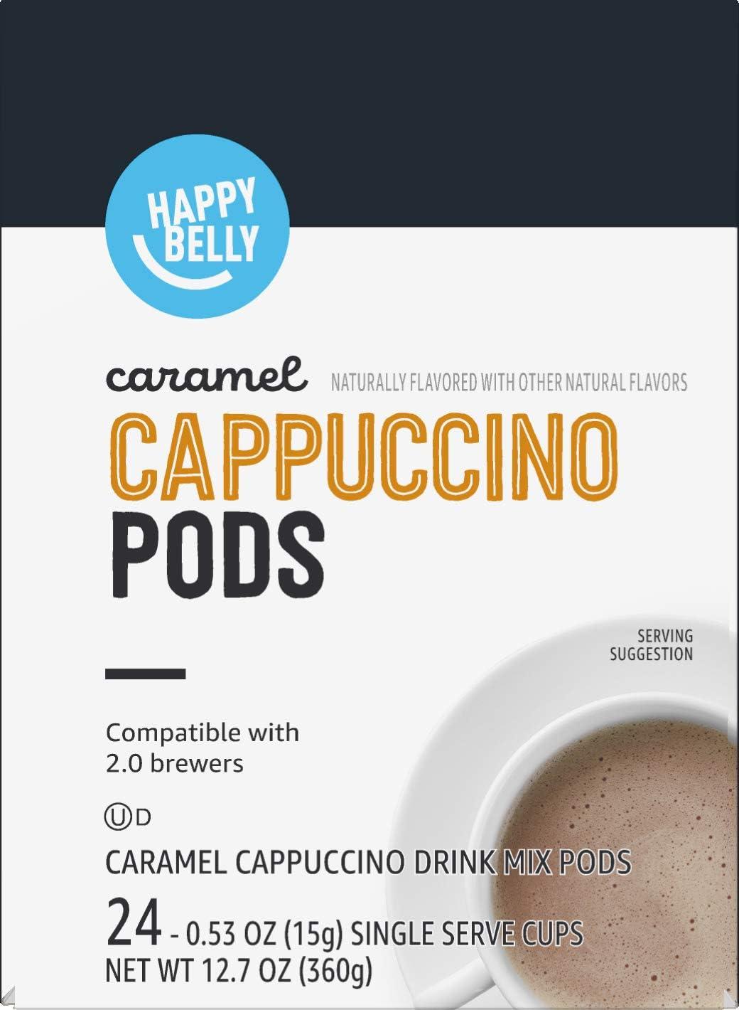 imageAmazon Brand  Happy Belly Cappuccino Coffee Pods Light Roast Compatible with 20 KCup Brewers French Vanilla Flavored 24 Count 15 pound Pack of 1Caramel