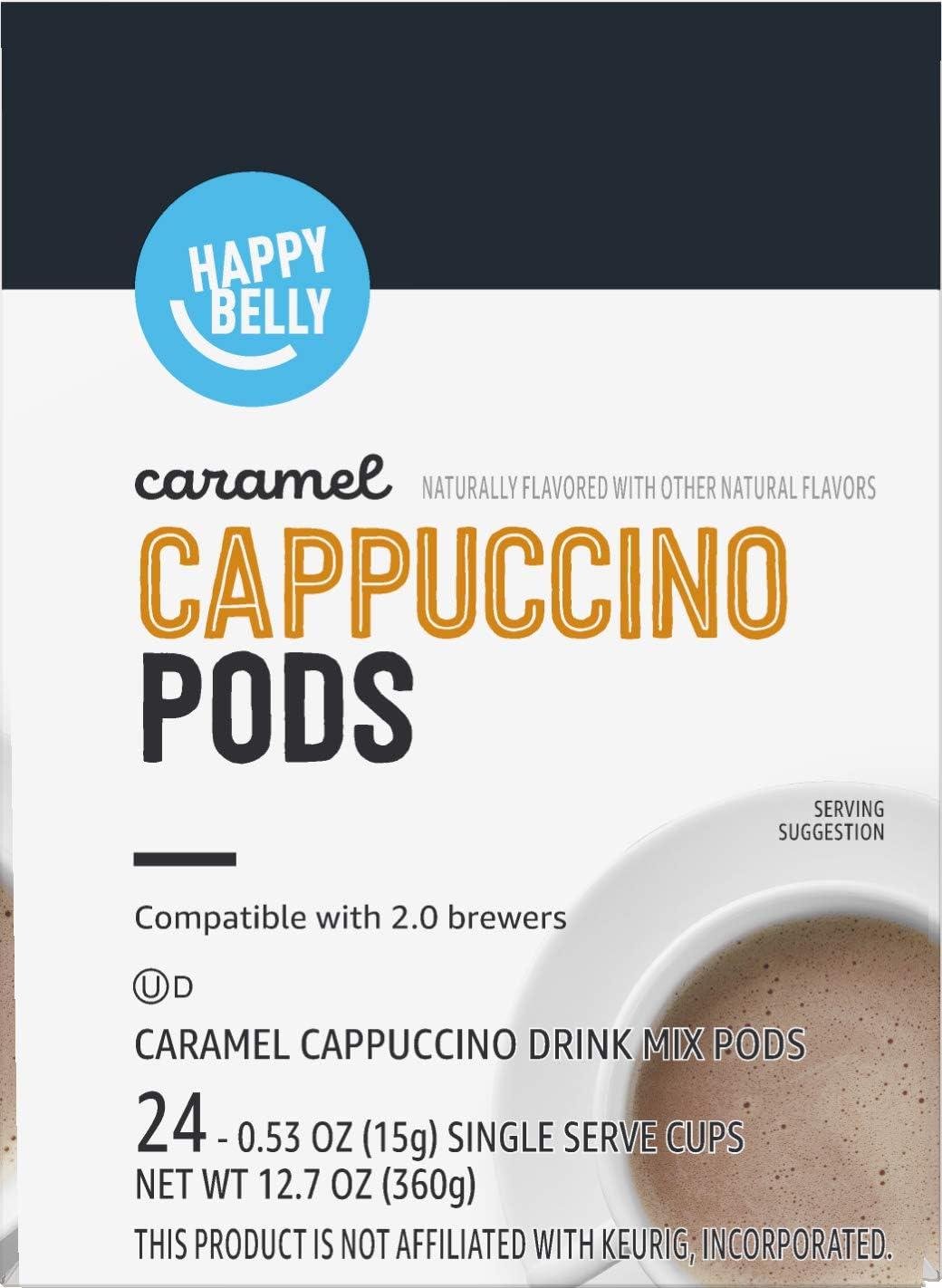 imageAmazon Brand  Happy Belly Cappuccino Coffee Pods Light Roast Compatible with 20 KCup Brewers French Vanilla Flavored 24 Count 15 pound Pack of 1Caramel