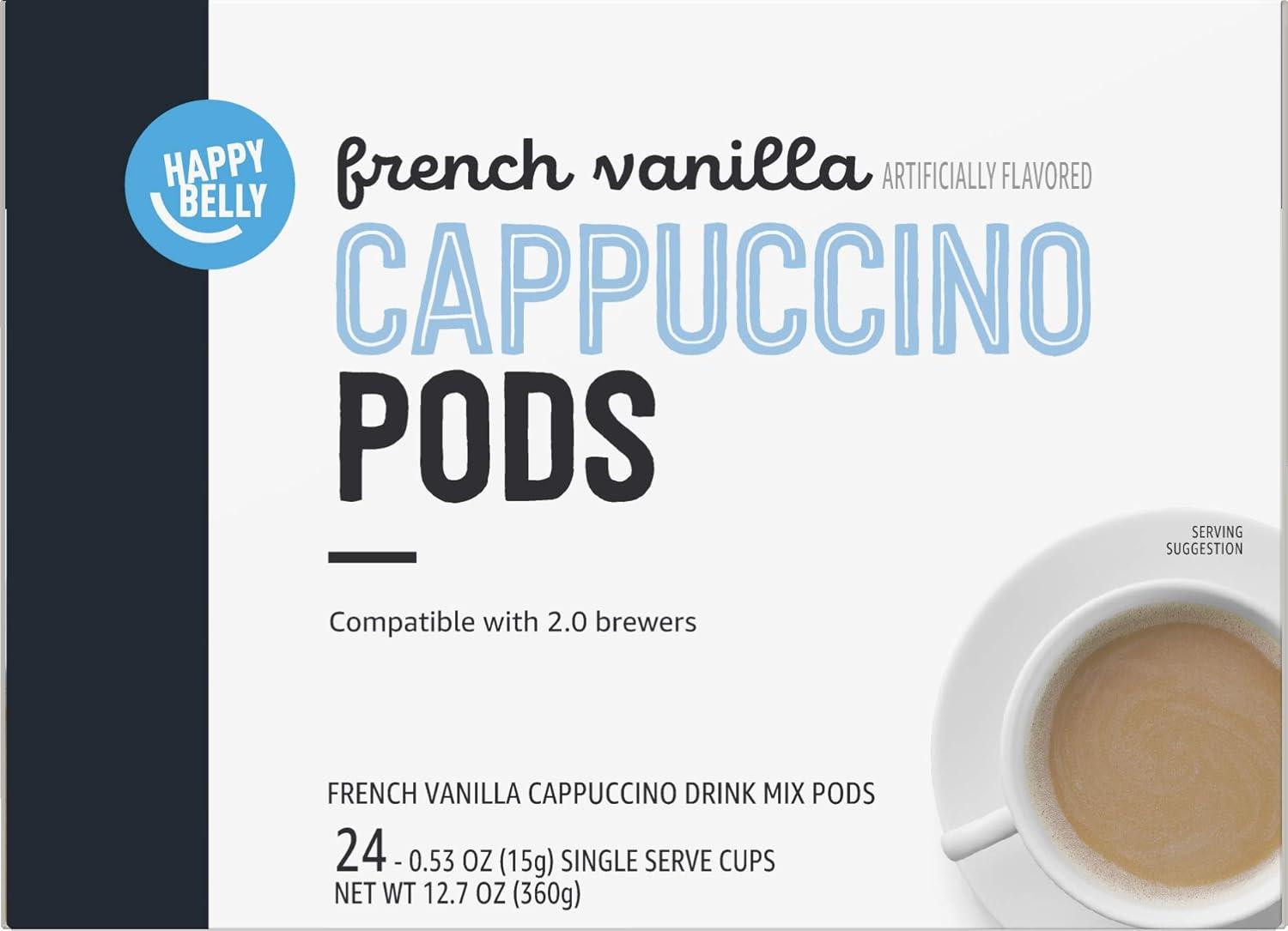 imageAmazon Brand  Happy Belly Cappuccino Coffee Pods Light Roast Compatible with 20 KCup Brewers French Vanilla Flavored 24 Count 15 pound Pack of 1French Vanilla Flavored