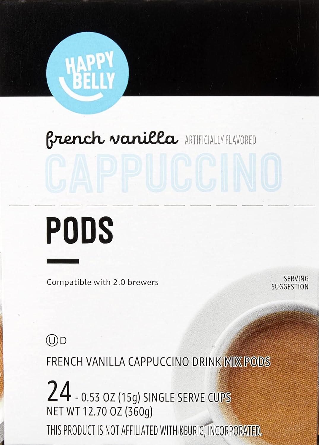 imageAmazon Brand  Happy Belly Cappuccino Coffee Pods Light Roast Compatible with 20 KCup Brewers French Vanilla Flavored 24 Count 15 pound Pack of 1French Vanilla Flavored