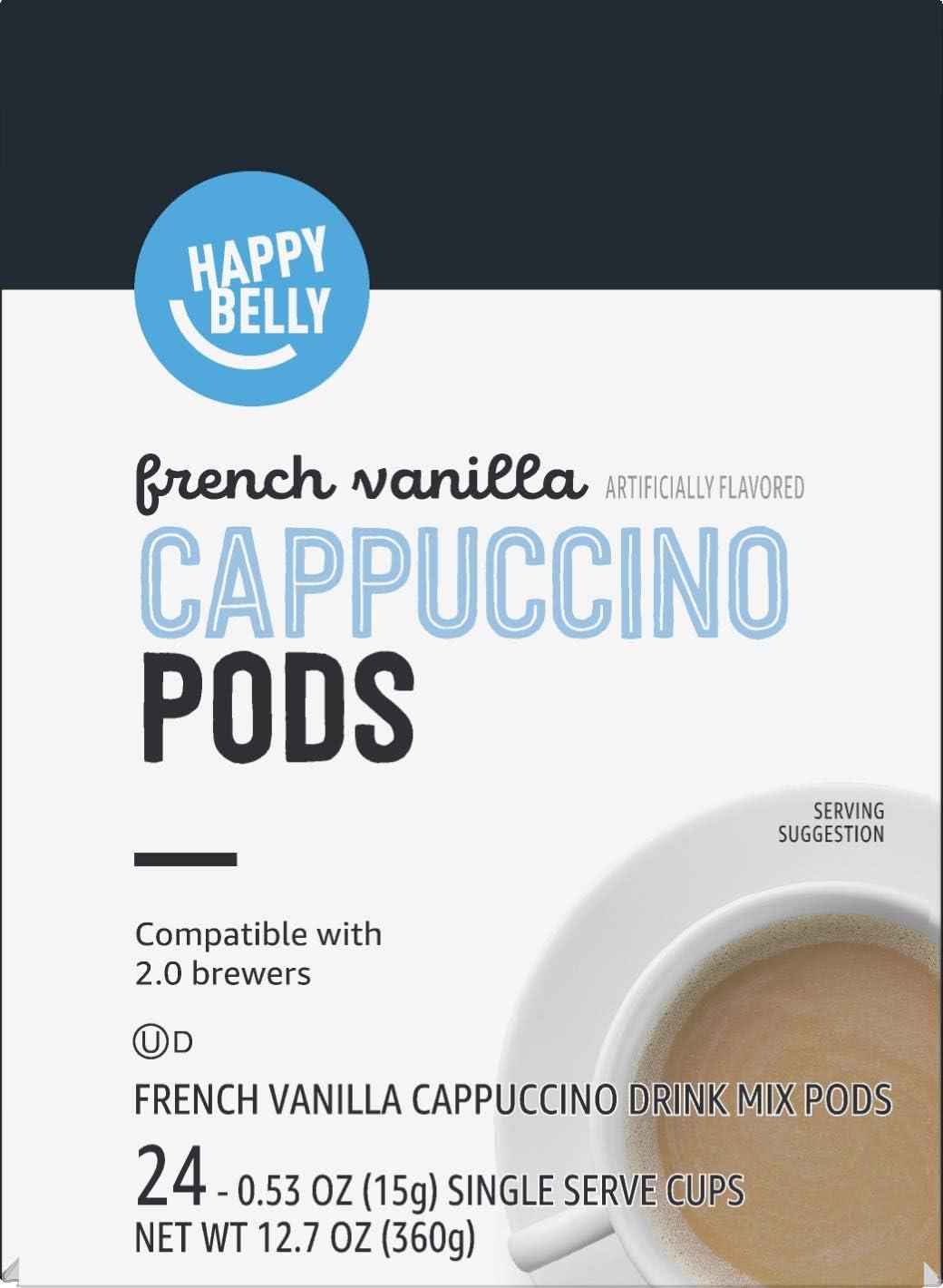 imageAmazon Brand  Happy Belly Cappuccino Coffee Pods Light Roast Compatible with 20 KCup Brewers French Vanilla Flavored 24 Count 15 pound Pack of 1French Vanilla Flavored