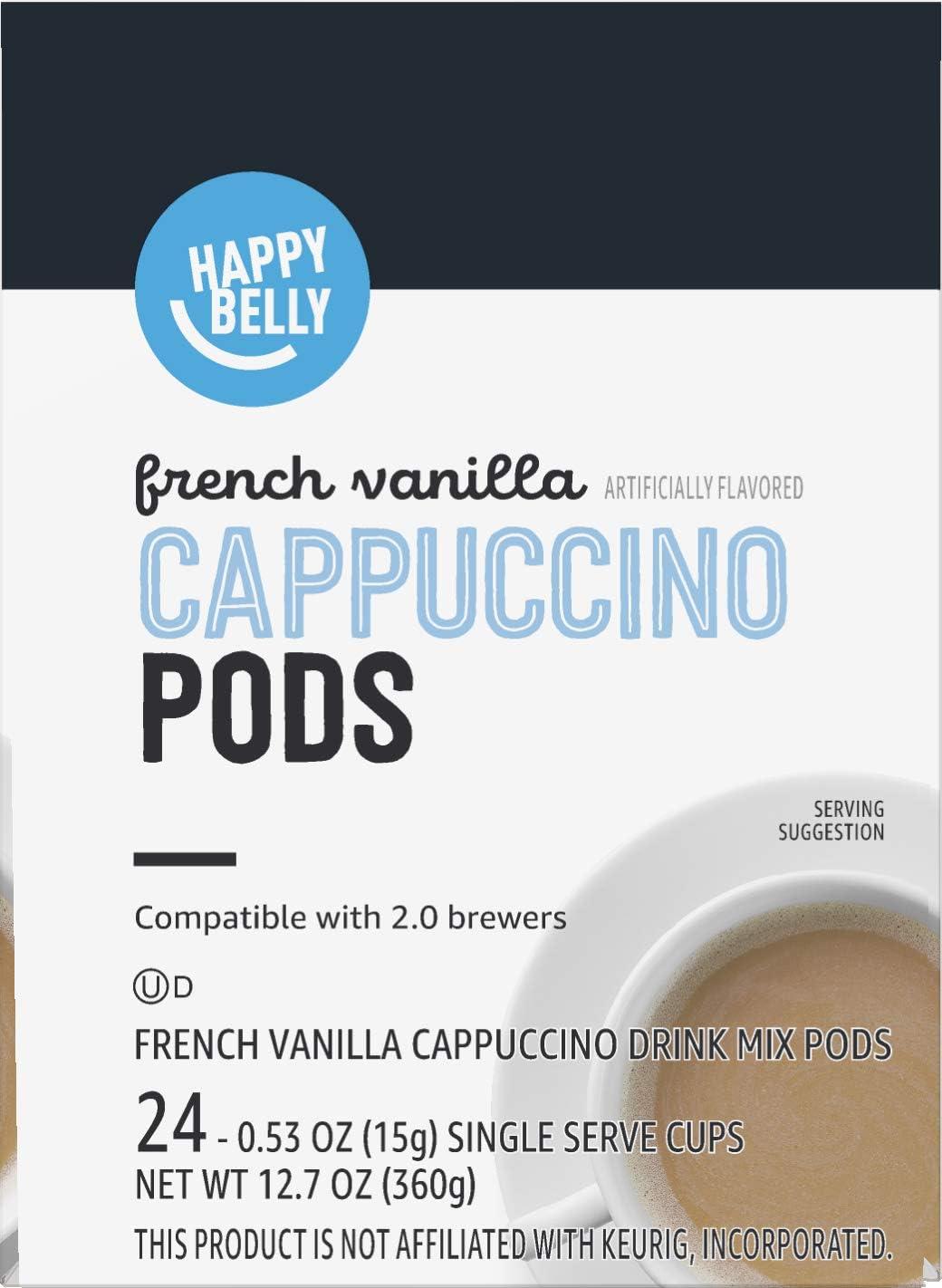 imageAmazon Brand  Happy Belly Cappuccino Coffee Pods Light Roast Compatible with 20 KCup Brewers French Vanilla Flavored 24 Count 15 pound Pack of 1French Vanilla Flavored