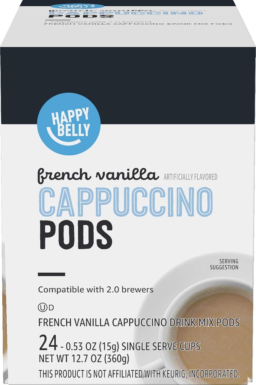imageAmazon Brand  Happy Belly Cappuccino Coffee Pods Light Roast Compatible with 20 KCup Brewers French Vanilla Flavored 24 Count 15 pound Pack of 1French Vanilla Flavored