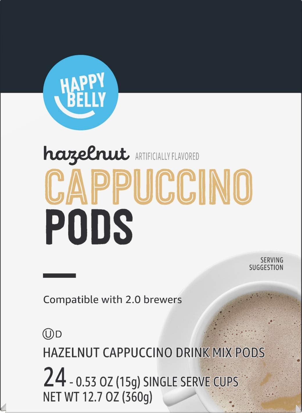 imageAmazon Brand  Happy Belly Cappuccino Coffee Pods Light Roast Compatible with 20 KCup Brewers French Vanilla Flavored 24 Count 15 pound Pack of 1Hazelnut