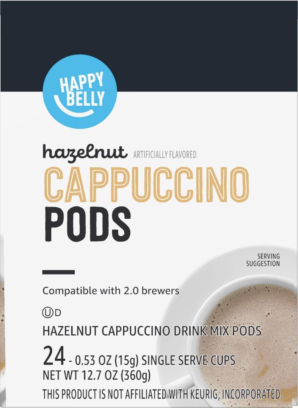 imageAmazon Brand  Happy Belly Cappuccino Coffee Pods Light Roast Compatible with 20 KCup Brewers French Vanilla Flavored 24 Count 15 pound Pack of 1Hazelnut
