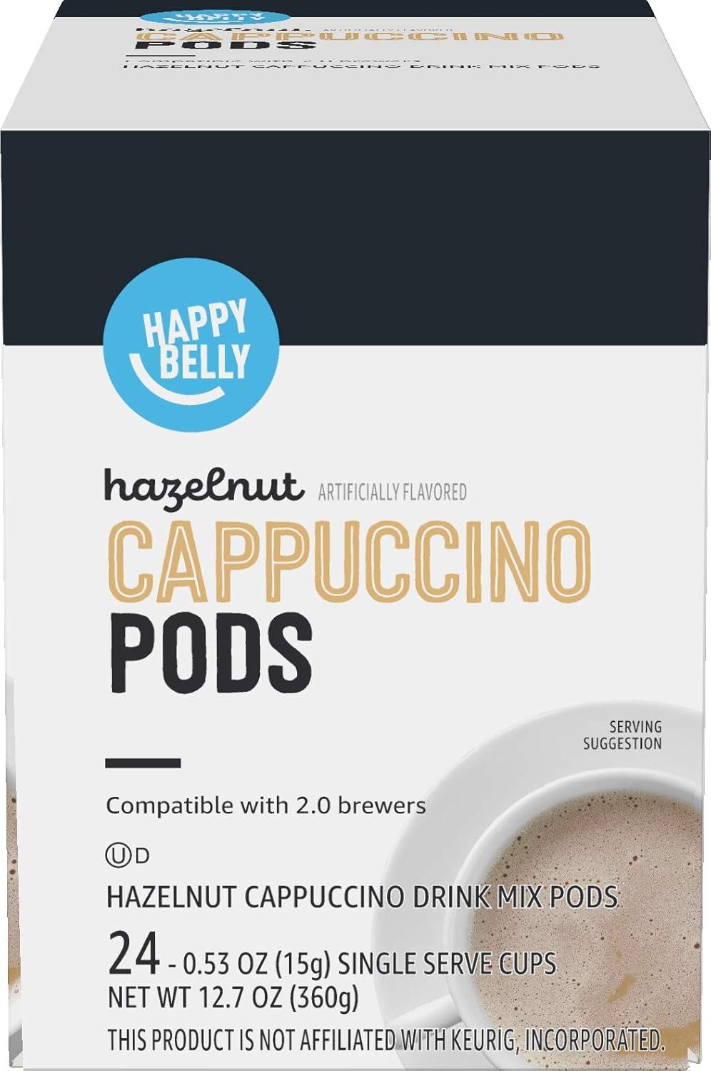 imageAmazon Brand  Happy Belly Cappuccino Coffee Pods Light Roast Compatible with 20 KCup Brewers French Vanilla Flavored 24 Count 15 pound Pack of 1Hazelnut