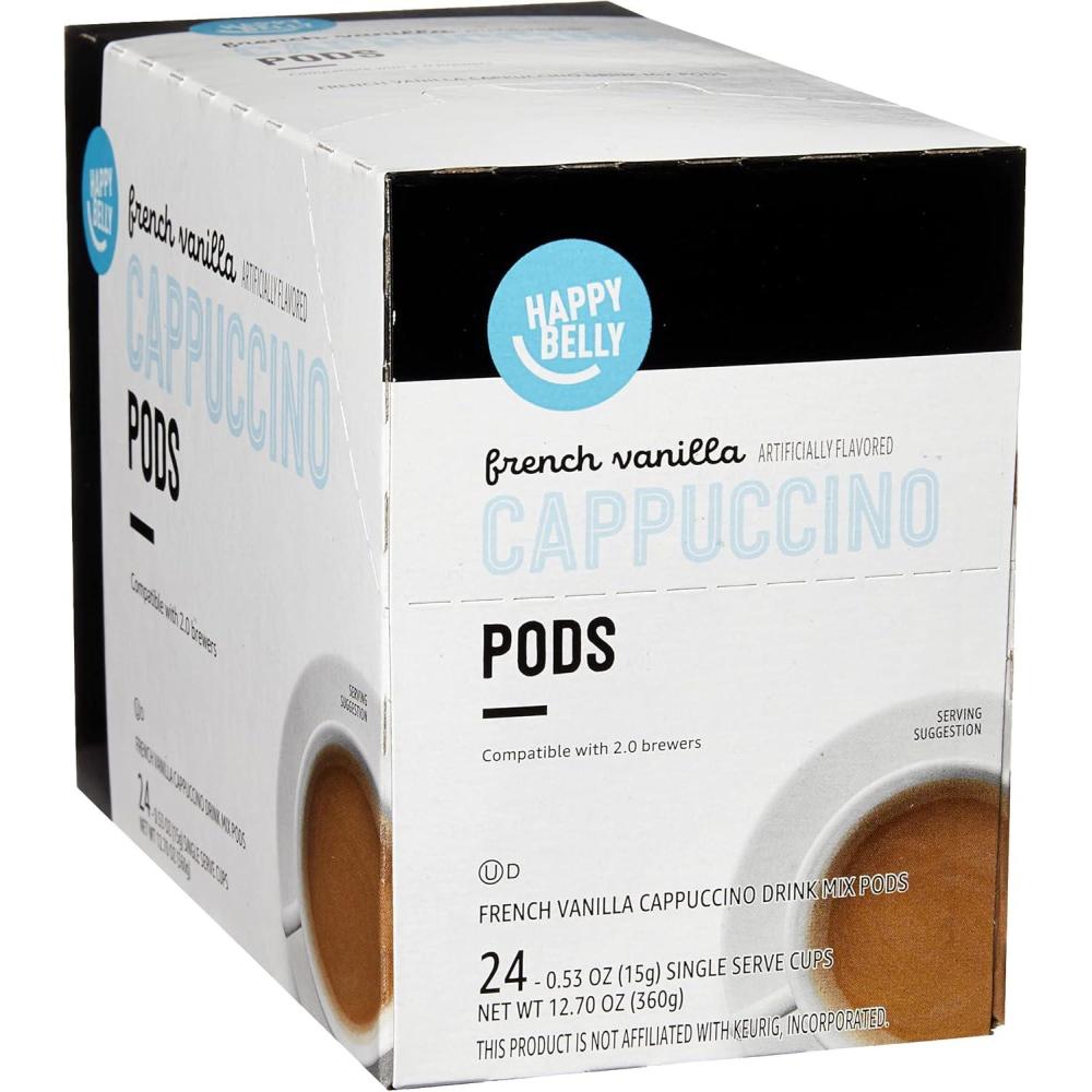 imageAmazon Brand  Happy Belly Cappuccino Coffee Pods Light Roast Compatible with 20 KCup Brewers French Vanilla Flavored 24 Count 15 pound Pack of 1French Vanilla Flavored