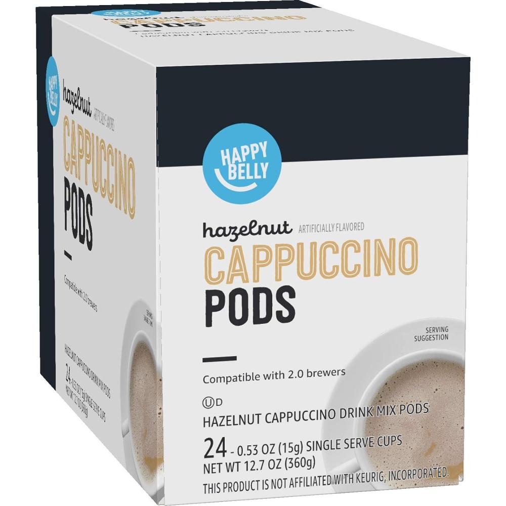 imageAmazon Brand  Happy Belly Cappuccino Coffee Pods Light Roast Compatible with 20 KCup Brewers French Vanilla Flavored 24 Count 15 pound Pack of 1Hazelnut