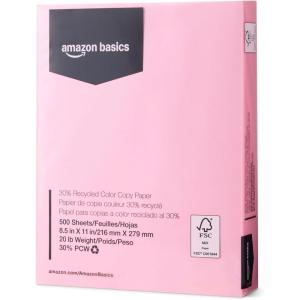 imageAmazon Basics 30 Recycled Color Copy Paper 85 x 11 20lb 500 Sheets Pastel CanaryPastel Pink